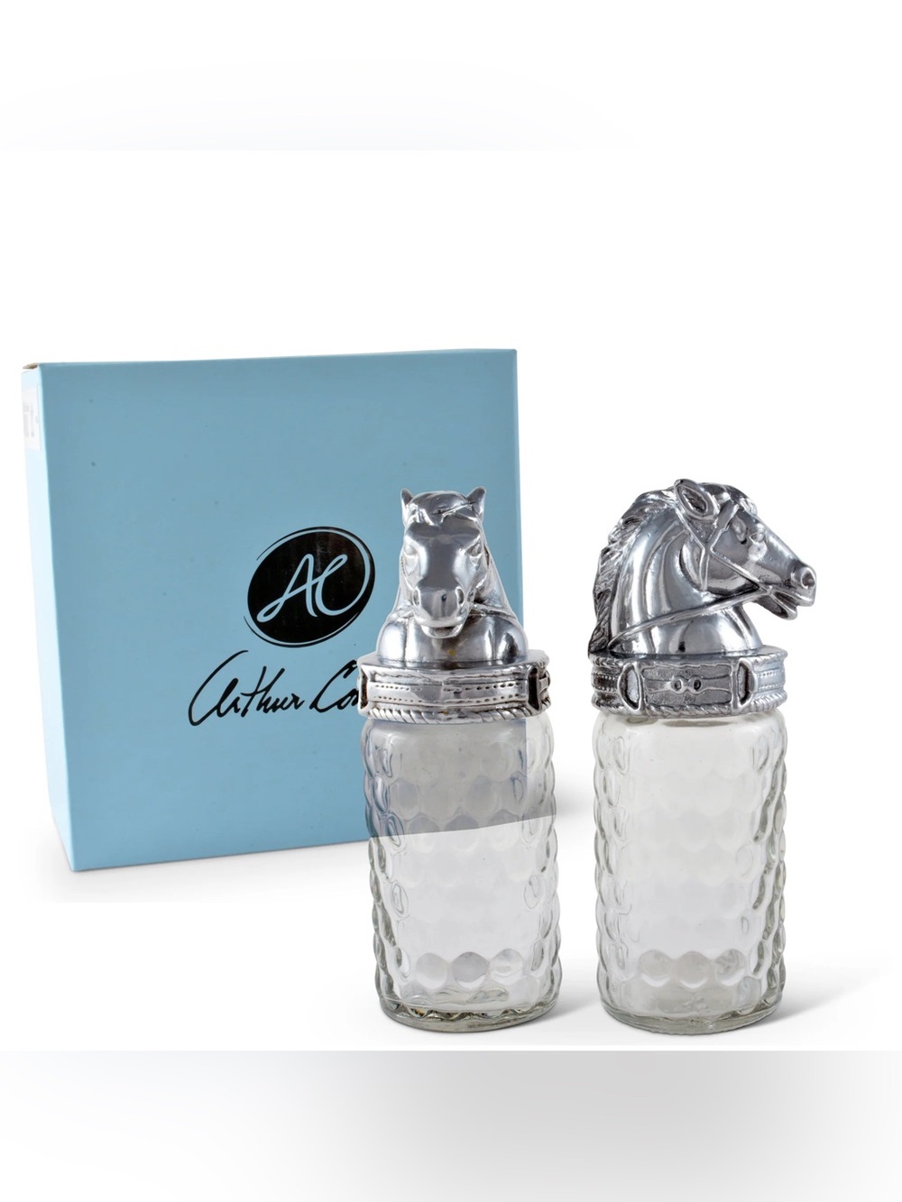 Arthur Court Silver Horse Head Glass Salt and Pepper Shakers